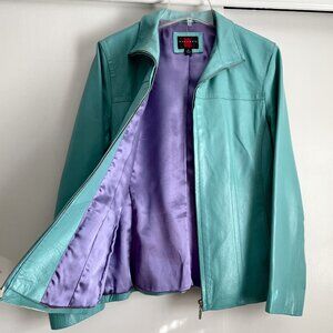 Gallery Leather Jacket Front Zip Size M Turquoise Blue/Green Lined Pockets